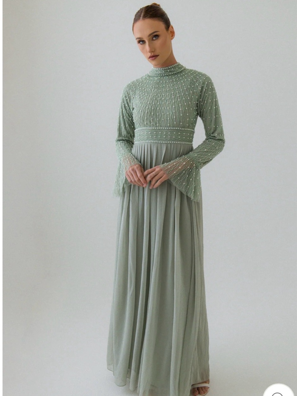 Sage Green Beaded Maxi Dress Long Sleeve